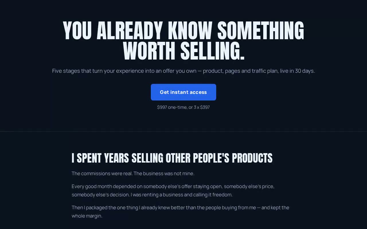 A published SellYourKnowledge sales page scrolling through story, stack and guarantee